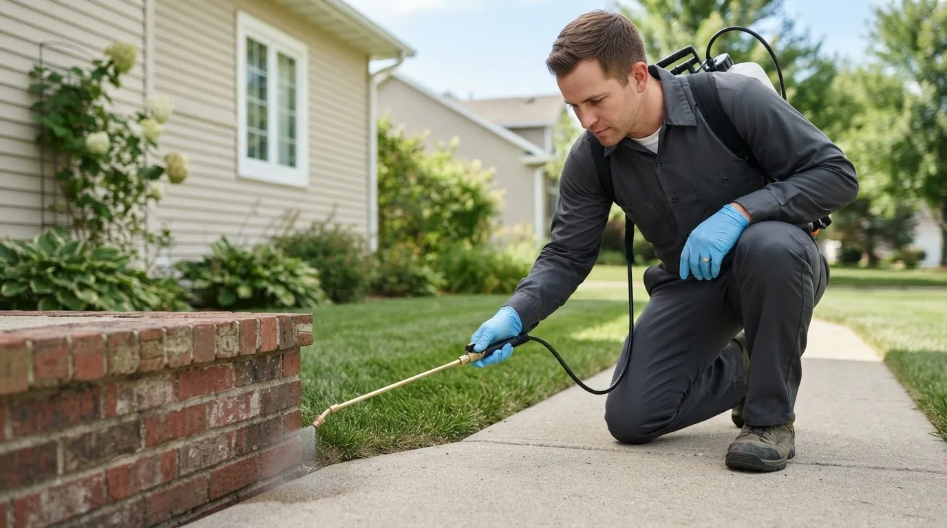 Pest control technician treating a home near Serafina, NM